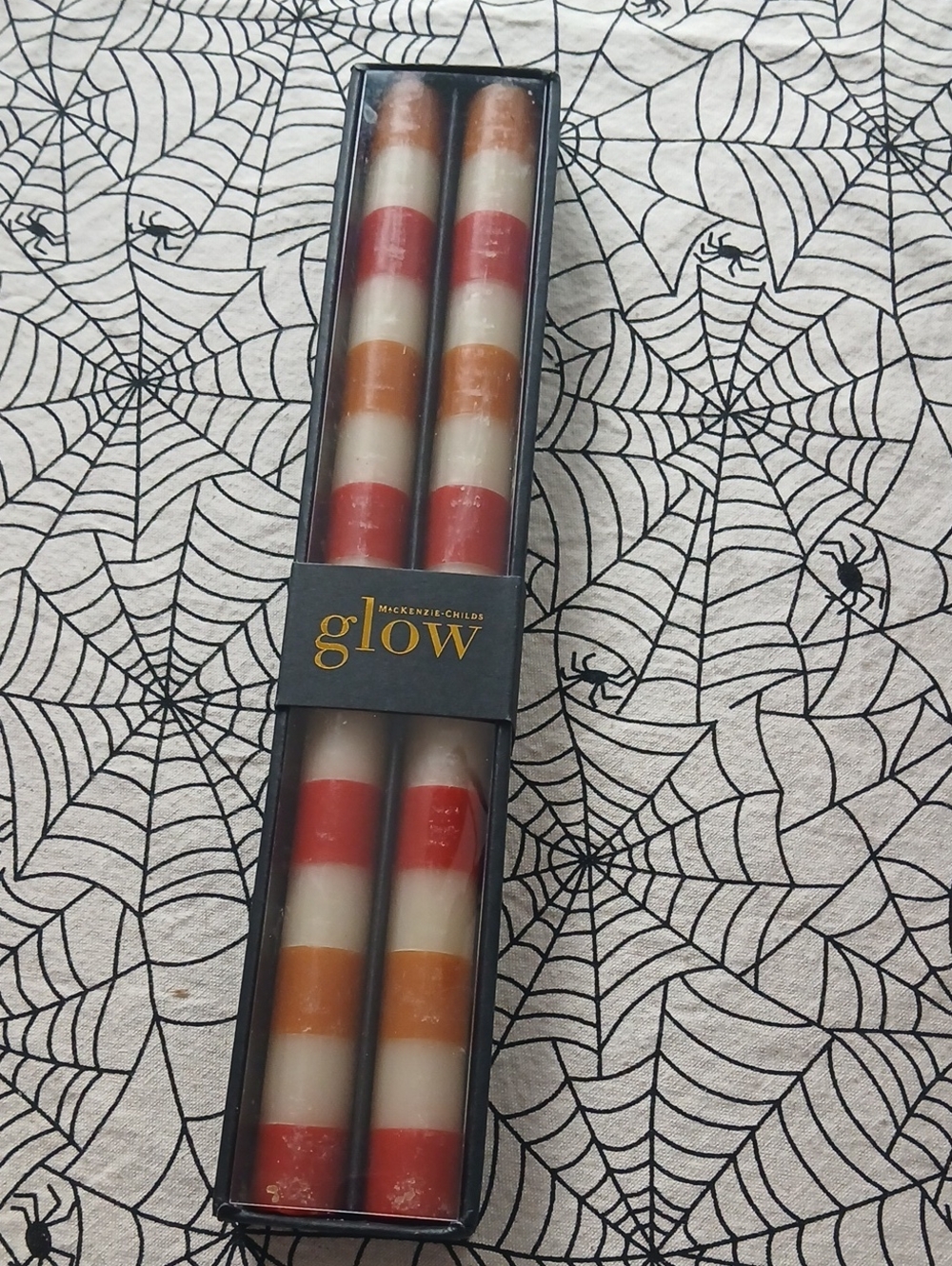 MacKenzie-Childs Glow Striped Taper Candles - Red, Orange, Cream - Set of 2